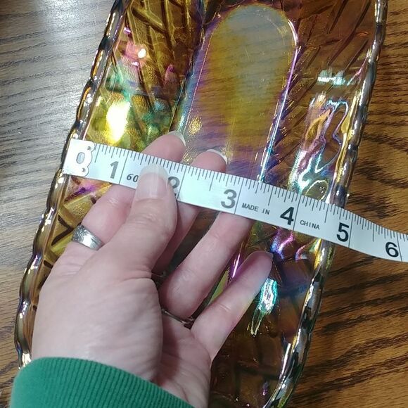 Vintage Carnival Iradescent Rainbow/ Orange Oval Glass Dish w/ Textured outside - Picture 7 of 8